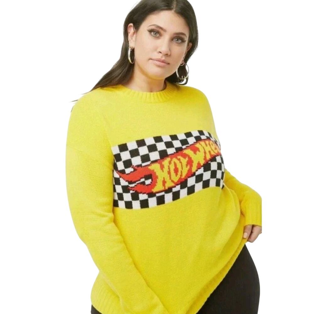 Hot Wheels Mattel Adult Womens Oversized Plus Yellow Knitted Sweaters Sz 0X XL